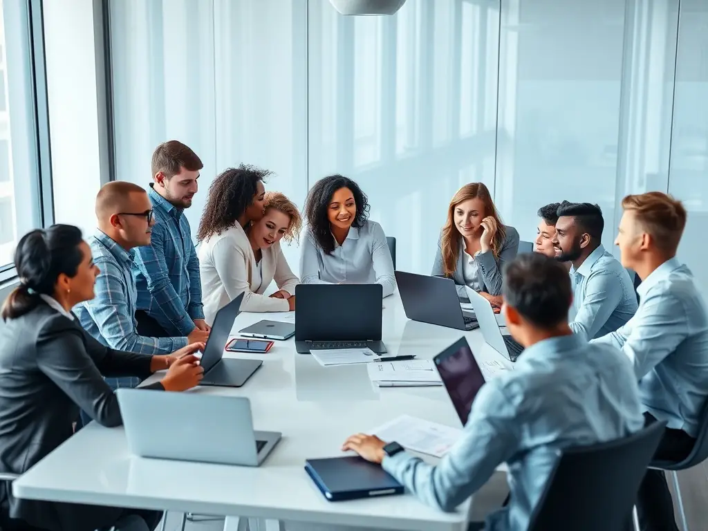 A diverse group of professionals collaborating in a modern office setting, symbolizing the collaborative and innovative environment fostered by junglestack.uno's training programs.