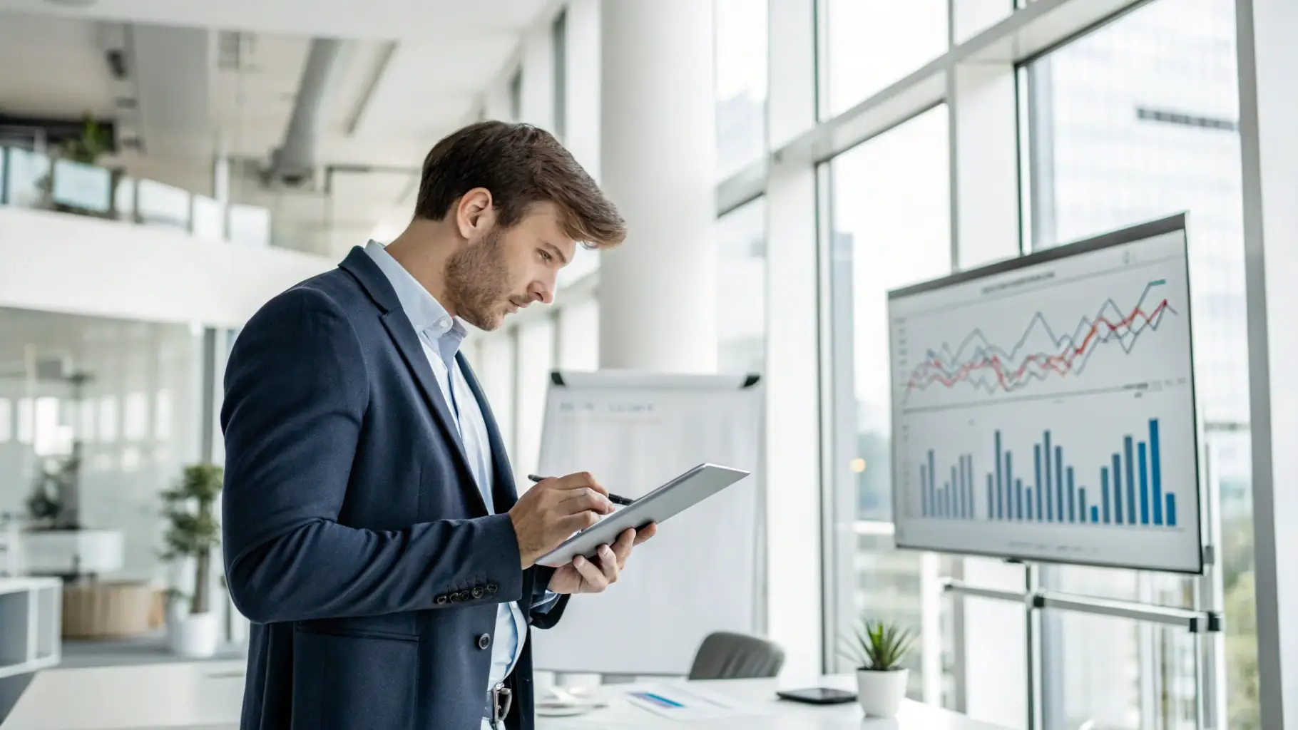 A professional businessman in a suit, smiling confidently while holding a tablet displaying positive growth charts, set in a modern office environment.