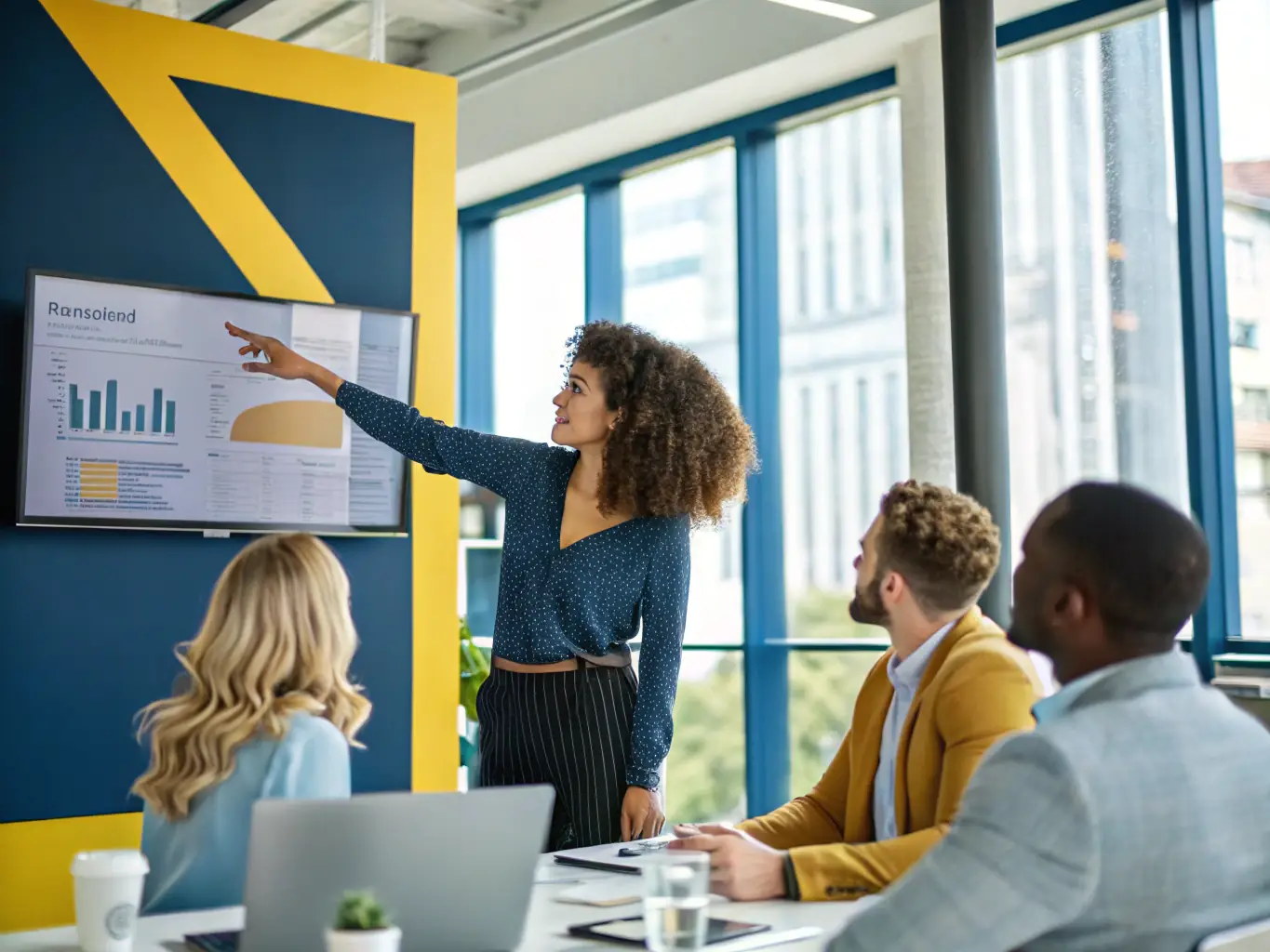A person confidently presenting a business strategy on a whiteboard, surrounded by a diverse team in a modern office setting. The scene conveys collaboration, innovation, and strategic planning.