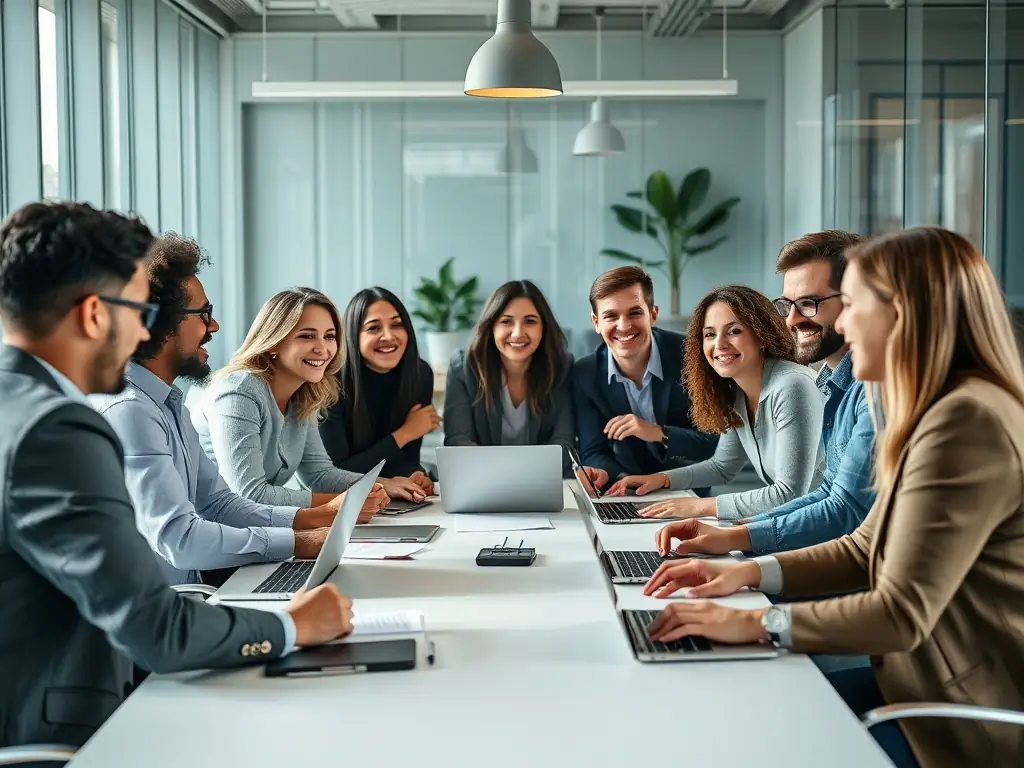 A dynamic image showcasing a group of professionals actively participating in a business training workshop, with engaged expressions and collaborative activities.