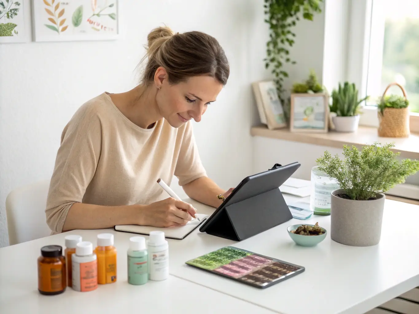 A person working efficiently at a desk, using digital tools and techniques to manage tasks and projects effectively. The scene emphasizes productivity, time management, and organizational skills.
