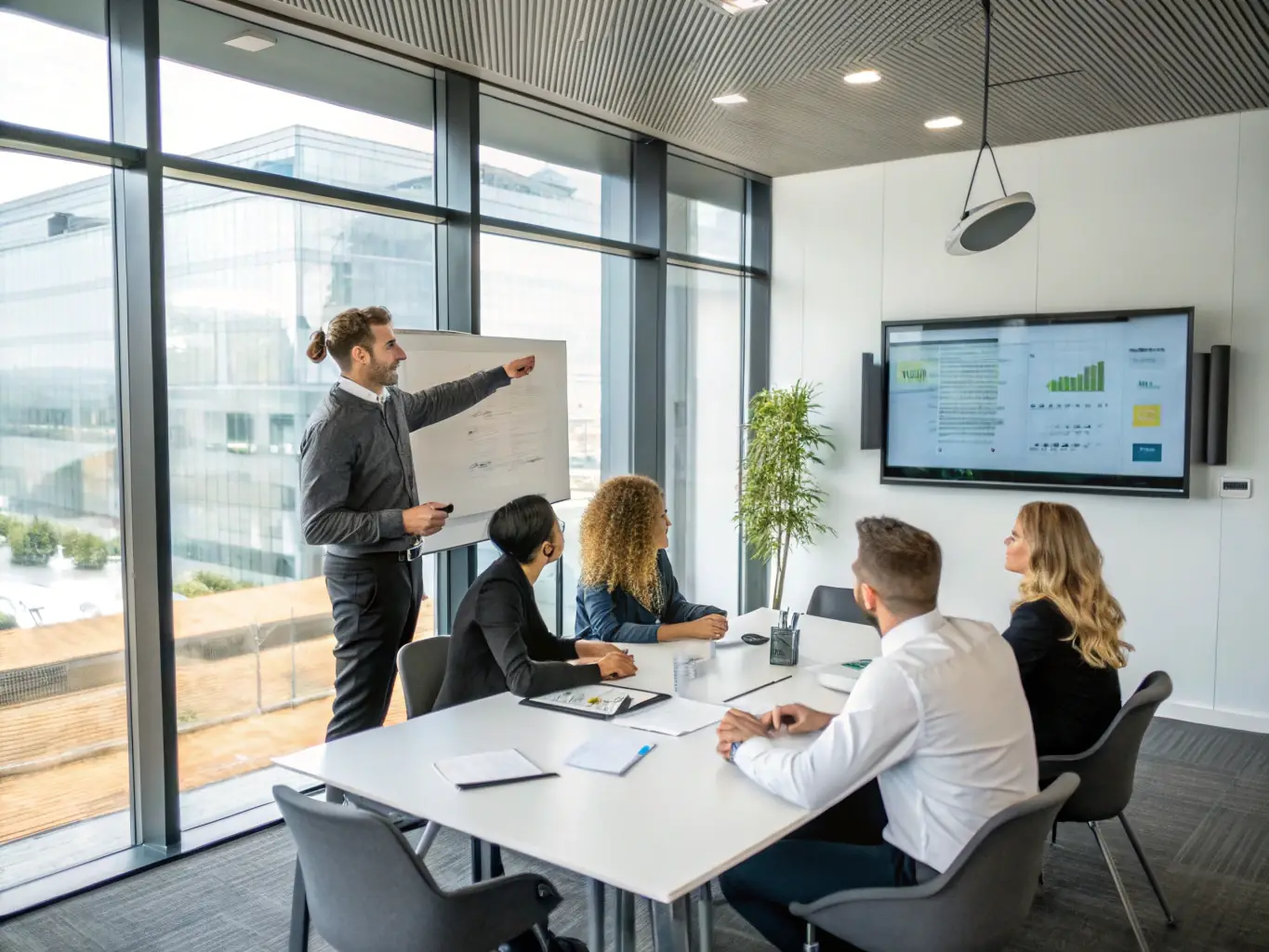 A person confidently leading a team discussion, fostering collaboration and open communication in a positive and supportive environment. The scene highlights leadership, teamwork, and communication skills.