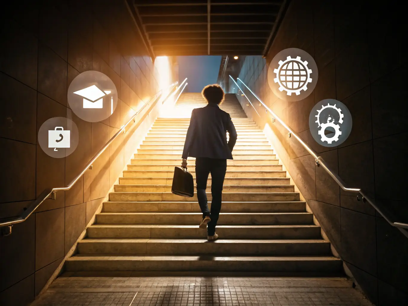 A professional is seen progressing up a staircase, each step representing a different module in a learning path, symbolizing growth and achievement.