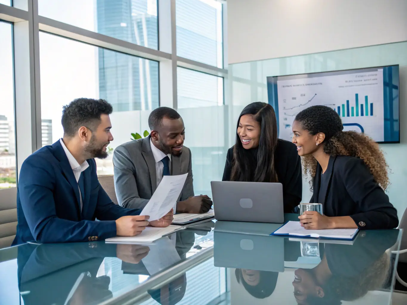 An image showing a group of professionals collaborating around a table, discussing strategy and problem-solving, representing advanced learning and teamwork.