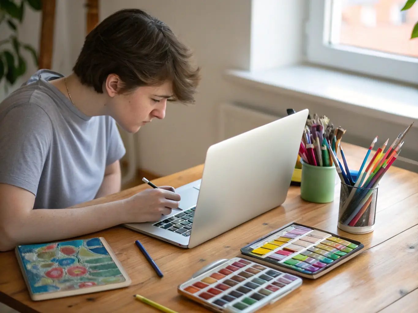 A close-up shot of a person working on a laptop, surrounded by notebooks and study materials, symbolizing focused learning and skill development.